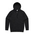 A black zip-up hoodie with a hood and long sleeves, featuring a logo on it.