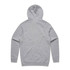 A grey hoodie with a hood and long sleeves, featuring a logo on the back.
