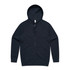 A navy zip-up hoodie with a hood and long sleeves, featuring a front zip closure and a simple design.