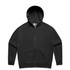 A black zip-up hoodie featuring a hood and front pockets, with a logo present on the design.