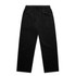Black cuffless track pants with an elastic waistband and drawstring, featuring a logo.