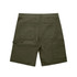 Utility shorts in olive green with multiple pockets and a plain design on the back. Features a logo.