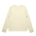 A cream long-sleeve T-shirt featuring a round neckline and a simple design. It includes a logo on the garment.