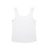 A white singlet with a scoop neckline, featuring a brand logo. The fabric appears soft and lightweight.