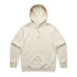 A cream hoodie with a front pocket and drawstring hood. It has a logo on the chest area.