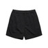 Black swim shorts with an elastic waistband, featuring a simple design and a logo. Suitable for various water activities.