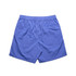 A pair of blue swim shorts with an elastic waistband and a back pocket, featuring a logo.
