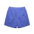 A pair of purple swim shorts with an elastic waistband and a logo.