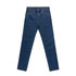 A pair of blue denim jeans with a straight leg design, featuring pockets and a logo.