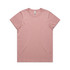 A pink T-shirt with a relaxed fit and a round neckline, featuring a subtle branding logo.