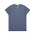 A faded blue T-shirt with a round neckline and short sleeves, featuring a logo label.