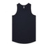 A navy blue singlet, featuring a rounded hem and no sleeves, with a logo on the neckline.