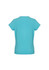 A light blue women's short sleeve top with a simple design and a logo on the back.