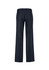 A pair of navy women's slacks with an adjustable waist, featuring a straight leg design and a logo on the waistband.