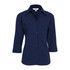 A women's button-up shirt in navy blue with 3/4 sleeves and a collar, featuring a logo on the label.