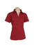 A red women's short sleeve button-up shirt displayed on a mannequin with a collar and buttons.