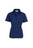 A navy blue women's short sleeve button-up shirt with a collared neckline and buttons down the front.