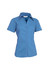 A women's short sleeve button-up shirt in light blue, featuring a collared neckline and buttons down the front.