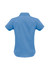 A blue women's button-up shirt with short sleeves, featuring a collar and a plain back design.