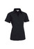 A black short sleeve button-up shirt with a collared neck and a logo on the design.