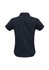 A women's short sleeve shirt in dark navy, featuring a button-up design and a logo on the back.