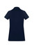 A navy women's polo shirt with short sleeves and a collared neckline, featuring a logo on the back.