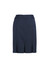 A women's navy pleated skirt featuring a structured design and back zip. It has a branding logo on the waistband.