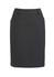 A grey women's comfort wool stretch multi-pleat skirt with a fitted design and side pockets, featuring a subtle brand logo.