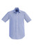 A short-sleeved, light blue button-up shirt with a collar and a logo on the chest.