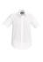 A white short sleeve button-up shirt with a collar and a logo on the front.
