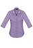 A purple and white checkered women's button-up shirt with 3/4 sleeves and a collar, featuring a logo.