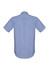 A short sleeve button-up shirt with a checkered pattern in blue and white, featuring a branded logo on the back.