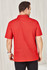 A red men's polo shirt featuring a collar and short sleeves, with a logo on the back.