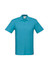 A teal polo shirt with a collar and short sleeves. It features a logo on the chest.