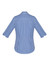 A blue and white checkered women's button-up shirt featuring 3/4 sleeves and a back yoke with a logo.