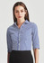 A fitted women's button-up shirt with 3/4 sleeves in a blue and white gingham pattern, featuring a collar and buttons.