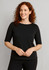 A black short sleeve T-shirt featuring a round neck and a fitted silhouette, worn by a woman with curly hair.