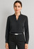 A black long sleeve blouse with a collar and button detail, paired with a black belt and trousers.