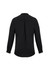 A black long sleeve blouse with a button-up design and a smooth finish. It features a back pleat for added detail.