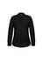 A black long sleeve blouse with a button-up design and collar. The shirt has a sleek, minimalist style.