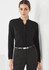 A black long sleeve blouse with a collar, paired with tailored pants, featuring a belt and a logo.