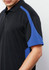 A black polo shirt with blue accents, featuring a collar and short sleeves. The shirt has a logo on it.