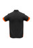 A black men's polo shirt with orange accents on the sleeves, featuring a logo on the back.