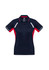 A women's short sleeve polo shirt in navy and red, featuring a logo and contrasting trim.