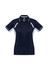 A women's short sleeve polo shirt in navy blue with white accents and a logo.