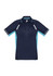 A navy blue short sleeve polo shirt with light blue accents and a logo on the chest.