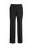 A pair of black men's flat front slacks made from comfort wool with a subtle stretch. Features a logo on the label.