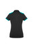 A black women's polo shirt featuring turquoise accents on the collar and sleeves, with a logo on the back.