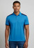 A blue men's polo shirt with short sleeves and contrasting navy details, featuring a logo on the chest.