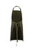 An olive green apron featuring a tie waist and pockets, with a logo on the front.